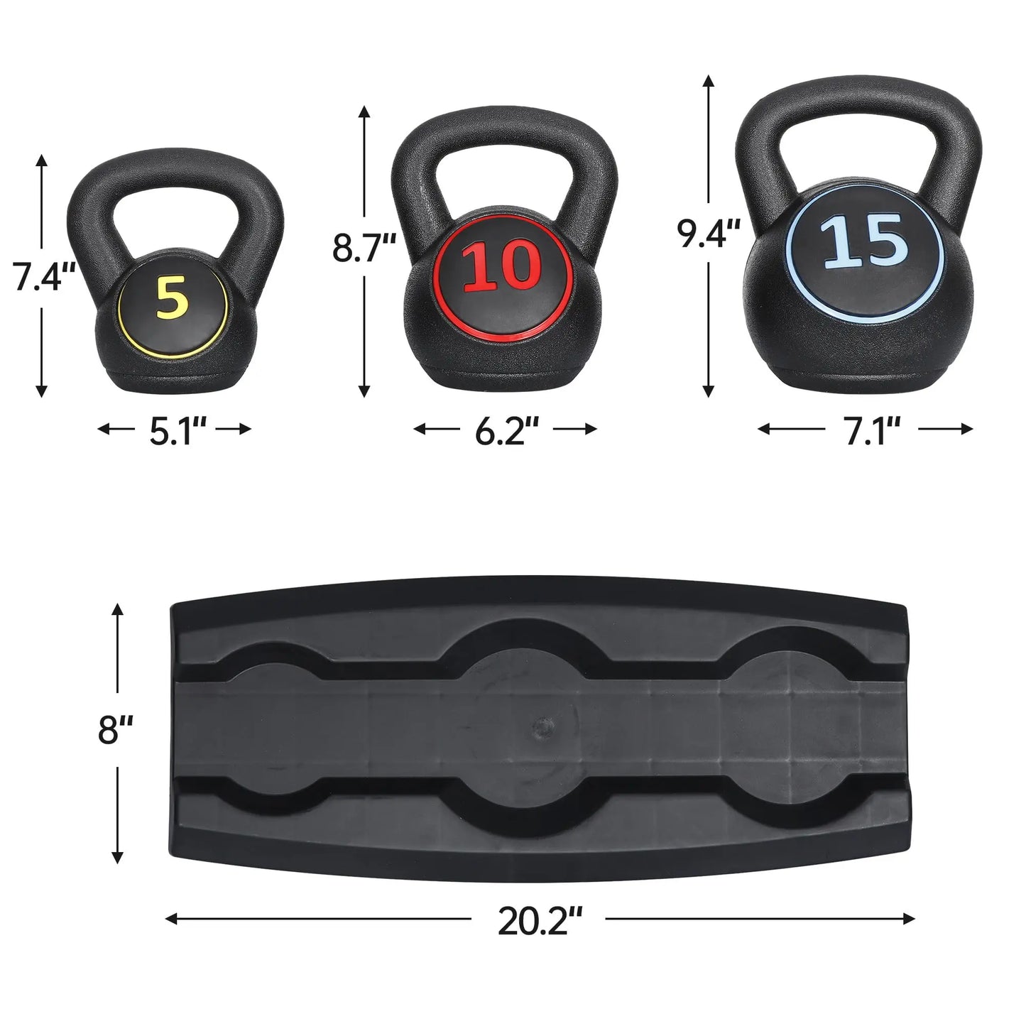 Segawe 3-Piece Kettlebell Set with Storage Rack (5,10,15Lbs) - Hdpe+Concrete Core, Flat Base, Anti-Slip Grip, Durable Home Workout Equipment for Strength Training, Strength Training Equipment, Home Fitness Machine,Summervibes