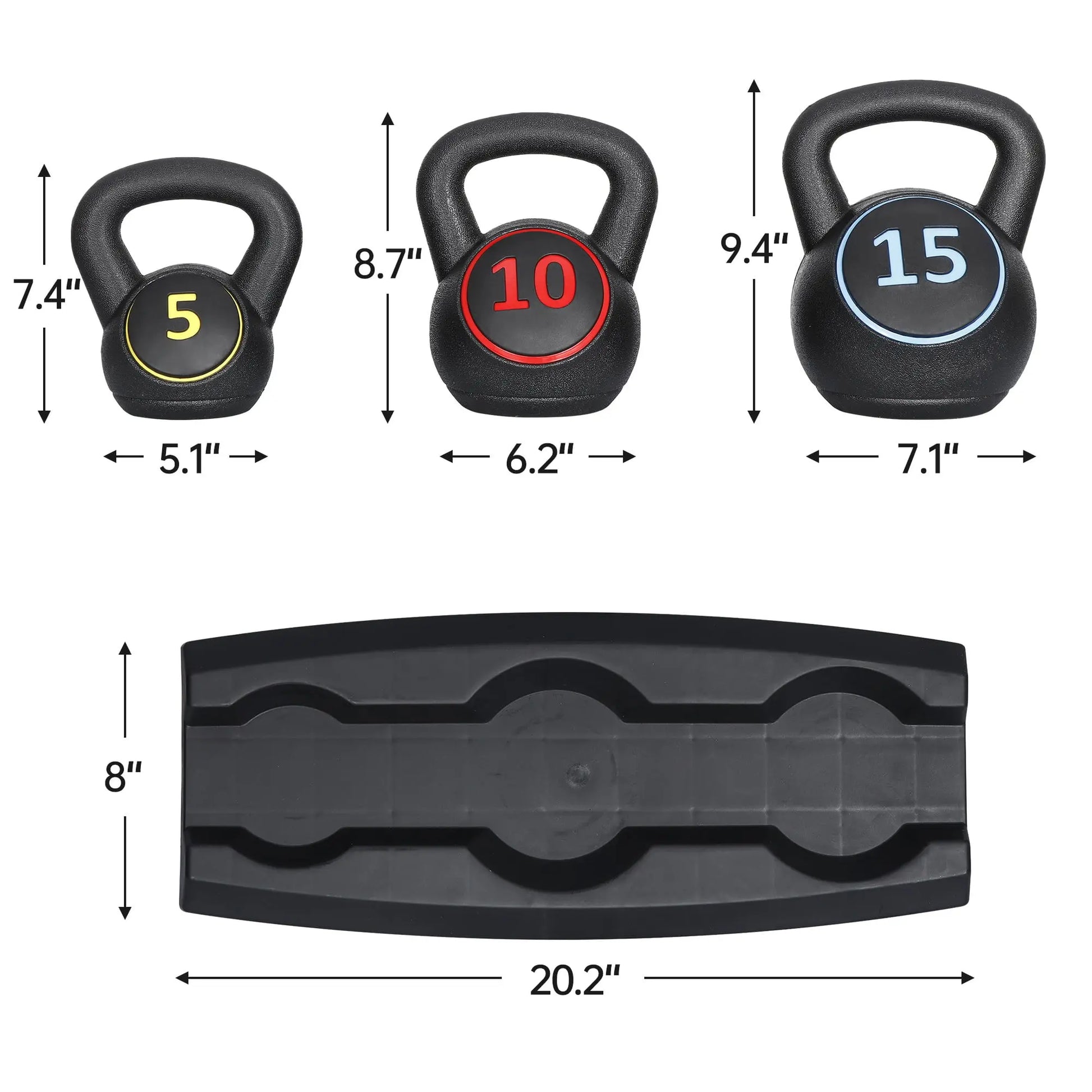 Segawe 3-Piece Kettlebell Set with Storage Rack (5,10,15Lbs) - Hdpe+Concrete Core, Flat Base, Anti-Slip Grip, Durable Home Workout Equipment for Strength Training, Strength Training Equipment, Home Fitness Machine,Summervibes