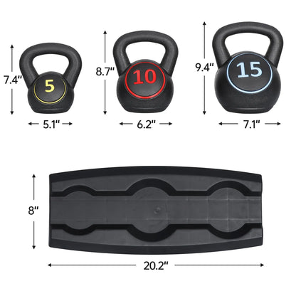 Segawe 3-Piece Kettlebell Set with Storage Rack (5,10,15Lbs) - Hdpe+Concrete Core, Flat Base, Anti-Slip Grip, Durable Home Workout Equipment for Strength Training, Strength Training Equipment, Home Fitness Machine,Summervibes