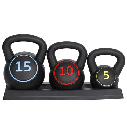 Segawe 3-Piece Kettlebell Set with Storage Rack (5,10,15Lbs) - Hdpe+Concrete Core, Flat Base, Anti-Slip Grip, Durable Home Workout Equipment for Strength Training, Strength Training Equipment, Home Fitness Machine,Summervibes