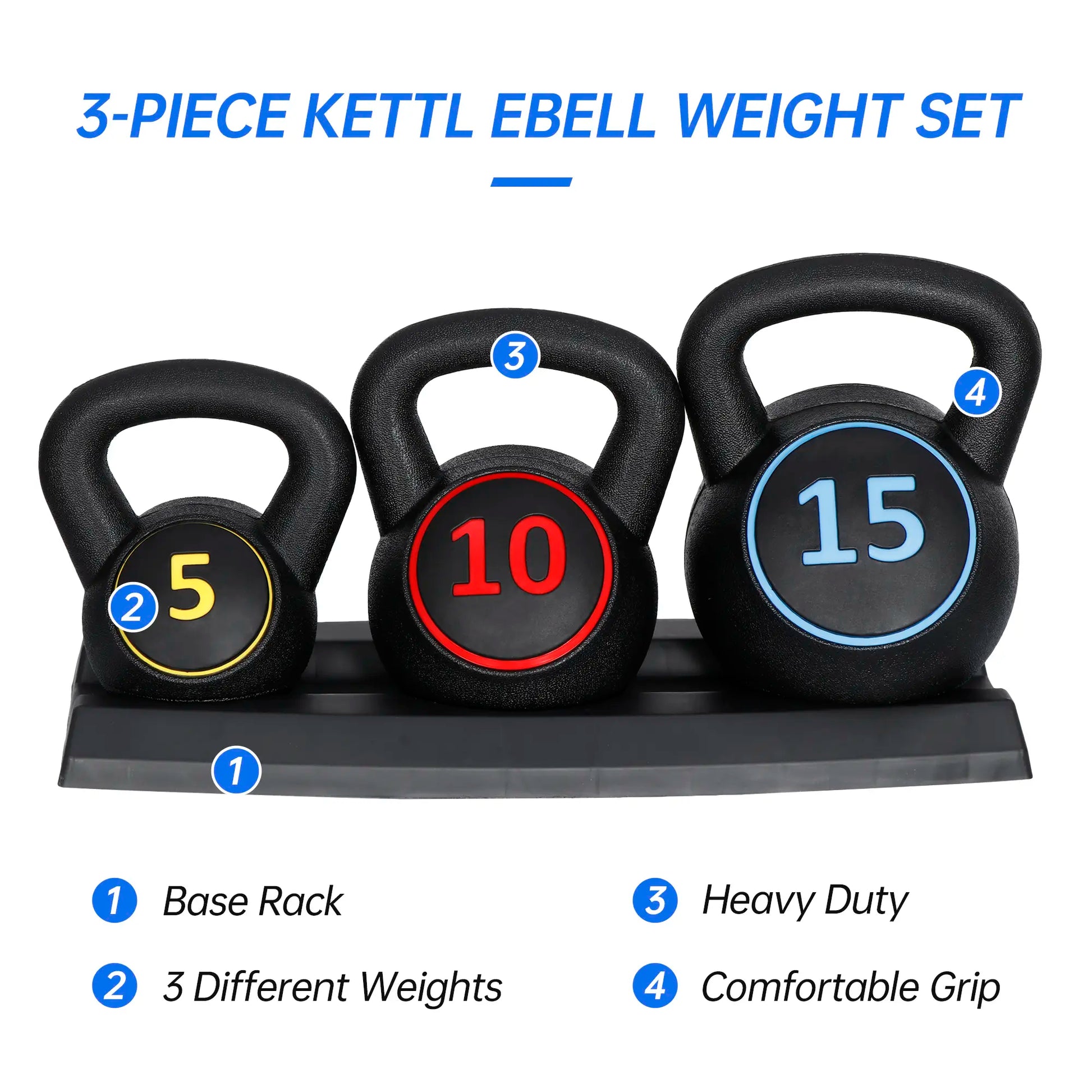 Segawe 3-Piece Kettlebell Set with Storage Rack (5,10,15Lbs) - Hdpe+Concrete Core, Flat Base, Anti-Slip Grip, Durable Home Workout Equipment for Strength Training, Strength Training Equipment, Home Fitness Machine,Summervibes